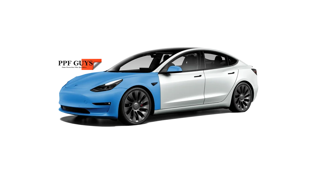 Coverage diagram: Tesla Model 3 with the bumper, hood, front fenders and mirrors highlighted.