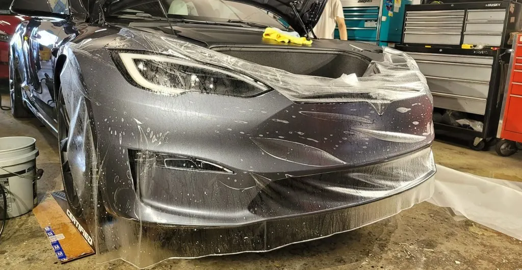 Tesla Model S wrapped in XPEL Stealth satin paint protection film.